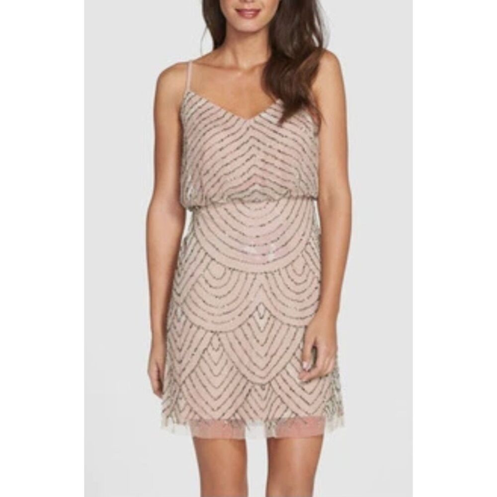 Adrianna Papell Blush Beaded Cocktail Dress Art Deco Sequin Women's 10